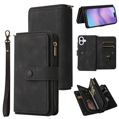 For iPhone 17 Zipper Wallet Case with 15 Card Slots and Strap Leather Phone Cover - Black - 1