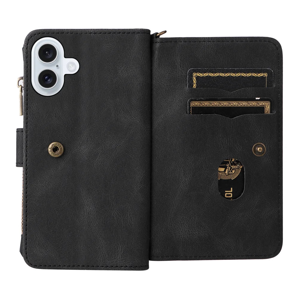 For iPhone 17 Zipper Wallet Case with 15 Card Slots and Strap Leather Phone Cover - Black - 2