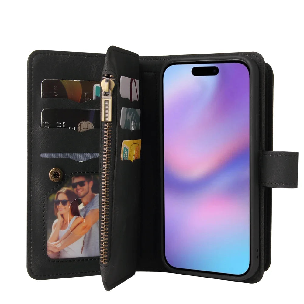 For iPhone 17 Zipper Wallet Case with 15 Card Slots and Strap Leather Phone Cover - Black - 3