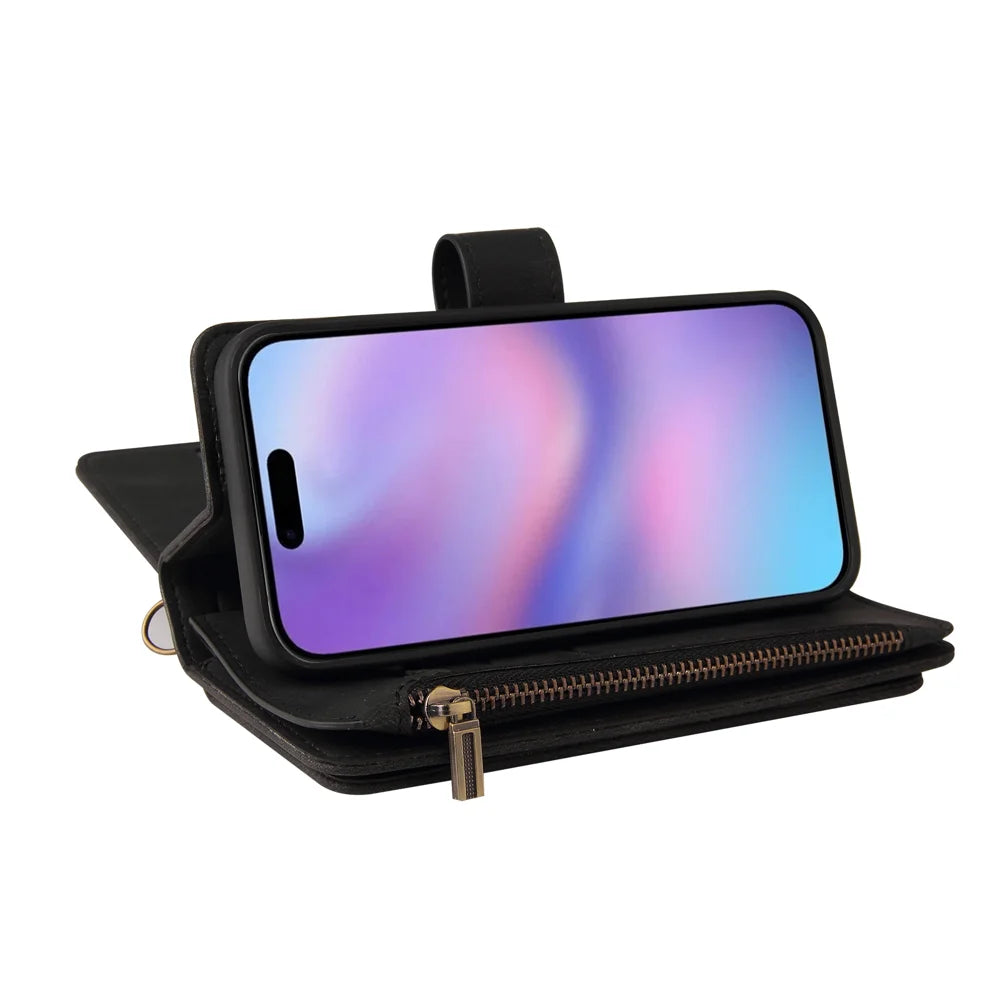 For iPhone 17 Zipper Wallet Case with 15 Card Slots and Strap Leather Phone Cover - Black - 7