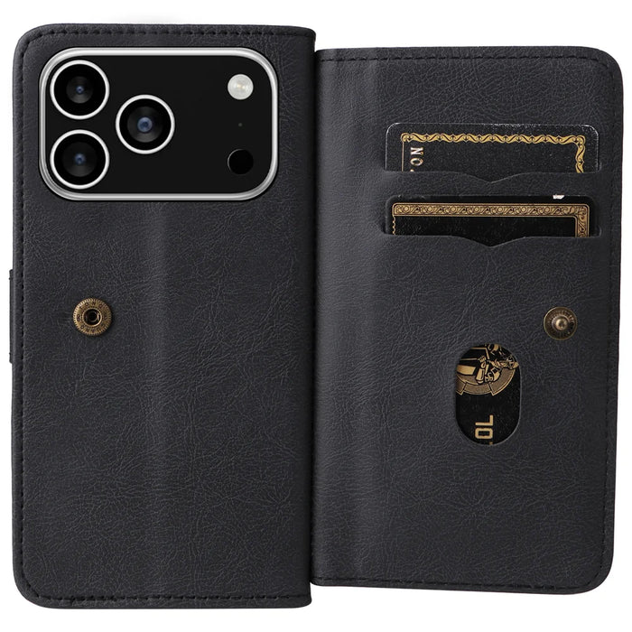 For iPhone 18 Pro Max / 17 Pro Max Leather Case with 10 Card Holder Phone Cover Stand - Black - 3