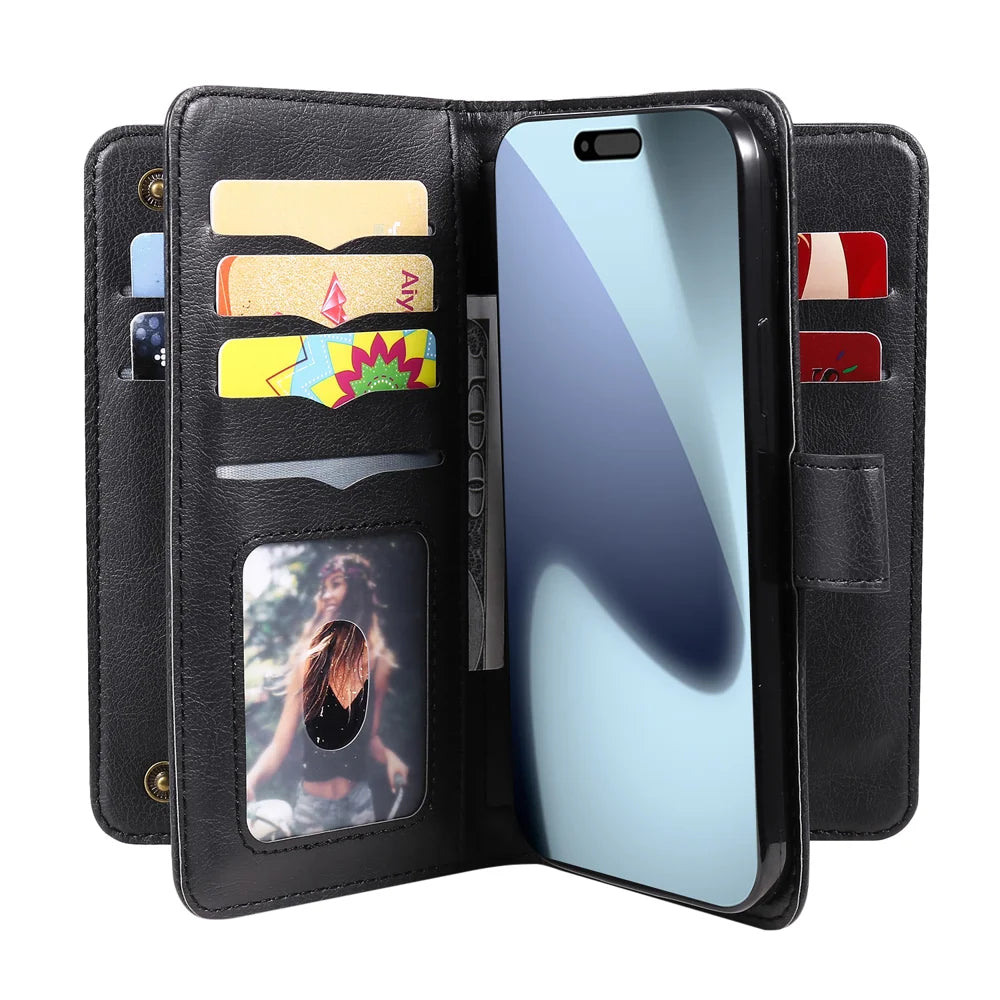 For iPhone 18 Pro / 17 Pro Leather Case with 10 Card Holder Phone Cover Stand - Black - 3