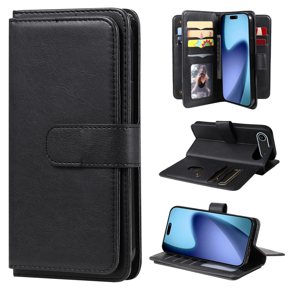 For iPhone Air Leather Case with 10 Card Holder Phone Cover Stand - Black - 1