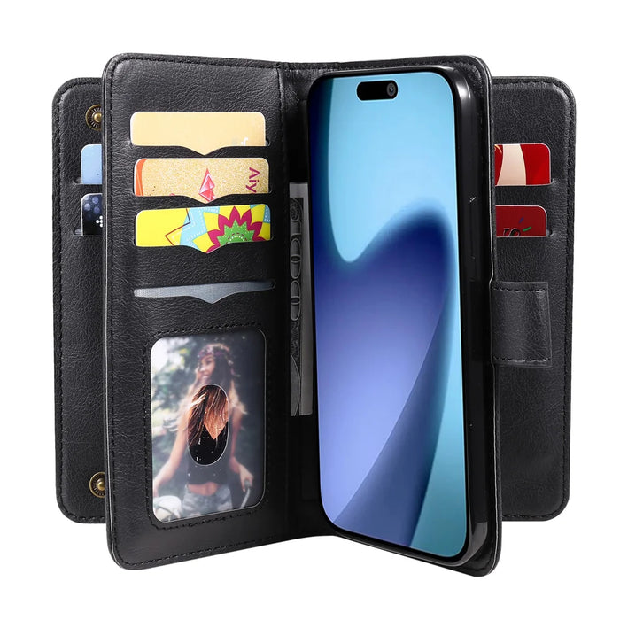 For iPhone Air Leather Case with 10 Card Holder Phone Cover Stand - Black - 2