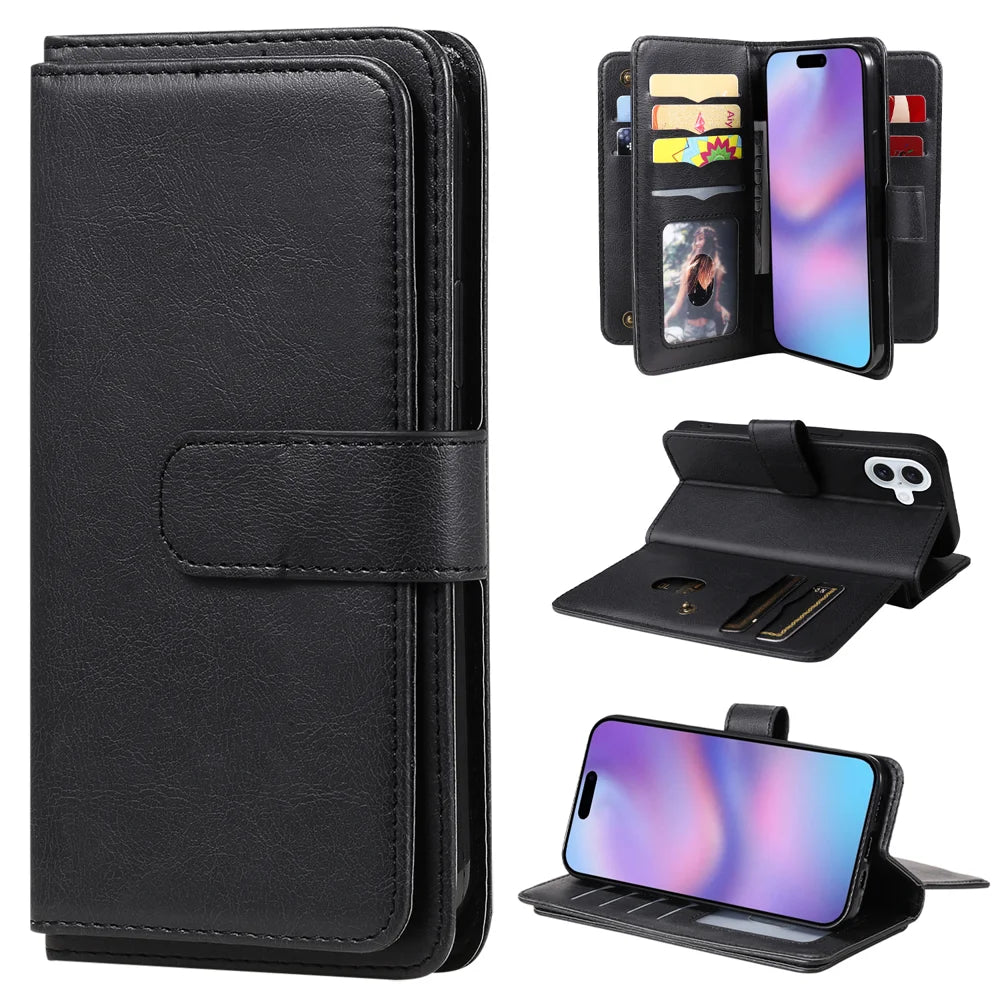 For iPhone 17 Leather Case with 10 Card Holder Phone Cover Stand - Black - 1