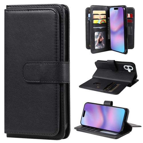 For iPhone 17 Leather Case with 10 Card Holder Phone Cover Stand - Black - 1