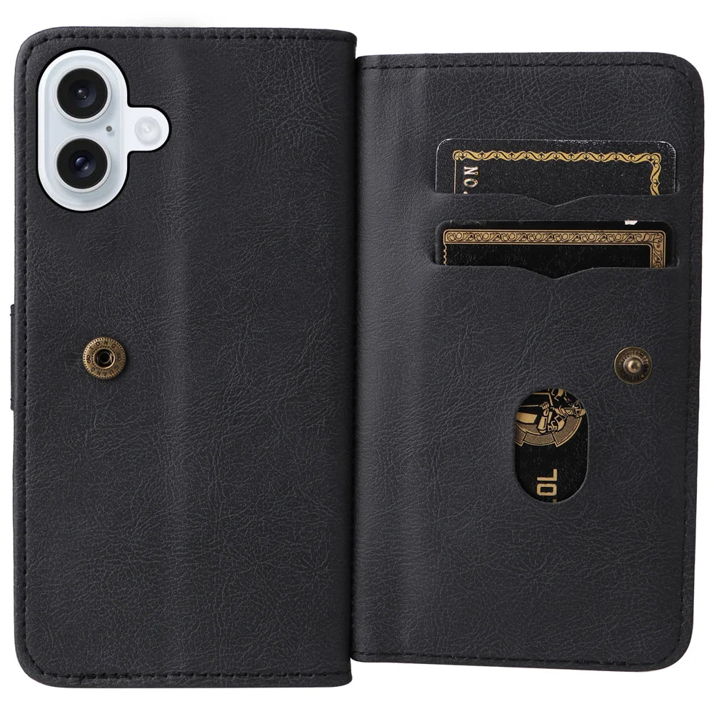 For iPhone 17 Leather Case with 10 Card Holder Phone Cover Stand - Black - 2