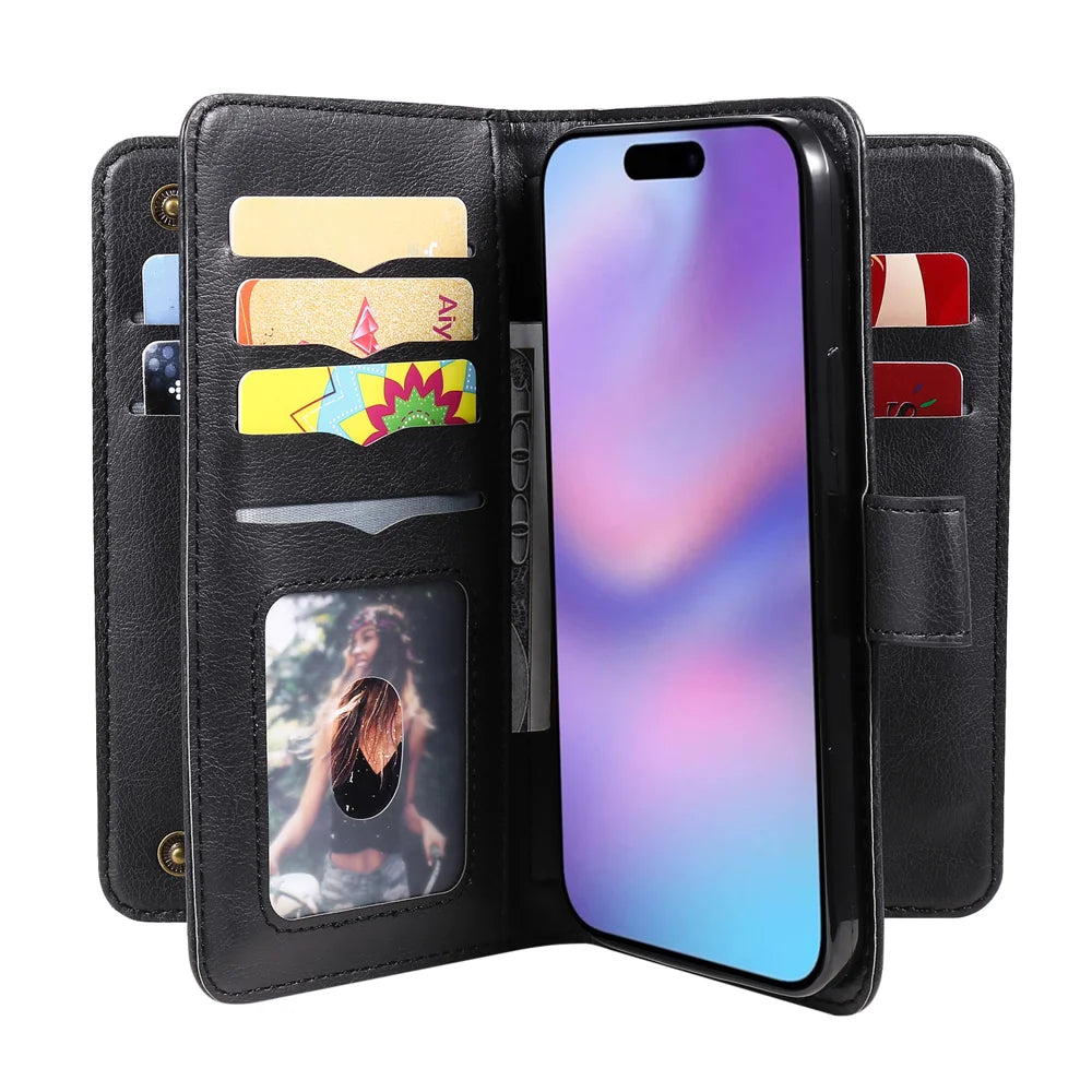 For iPhone 17 Leather Case with 10 Card Holder Phone Cover Stand - Black - 3