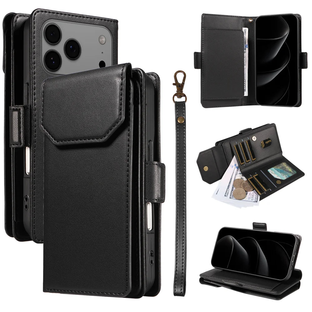 For iPhone 18 Pro Max / 17 Pro Max Case with Multi-Card Holder and Strap PU Leather Phone Cover Stand - Black - 1