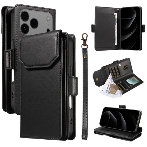 For iPhone 18 Pro Max / 17 Pro Max Case with Multi-Card Holder and Strap PU Leather Phone Cover Stand - Black - 1