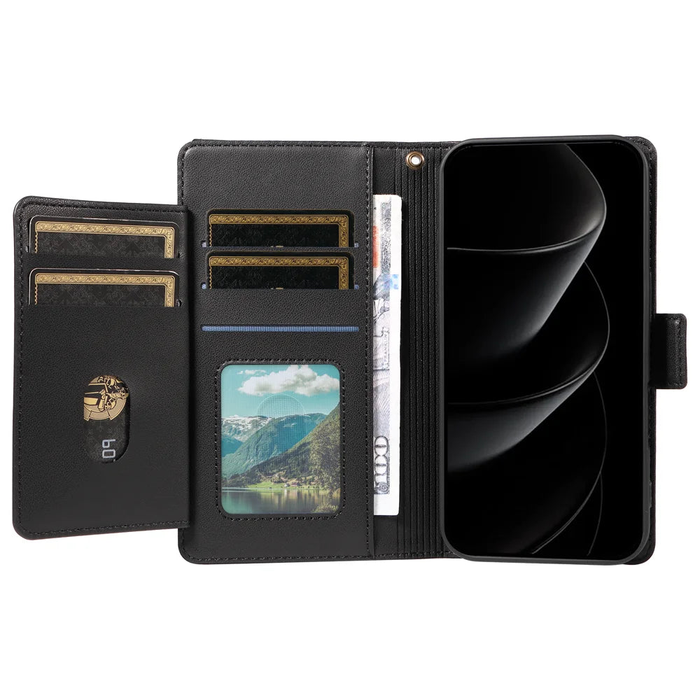 For iPhone 18 Pro Max / 17 Pro Max Case with Multi-Card Holder and Strap PU Leather Phone Cover Stand - Black - 2
