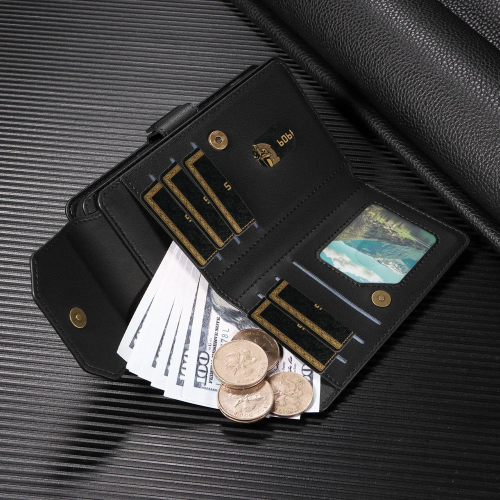 For iPhone 18 Pro Max / 17 Pro Max Case with Multi-Card Holder and Strap PU Leather Phone Cover Stand - Black - 4