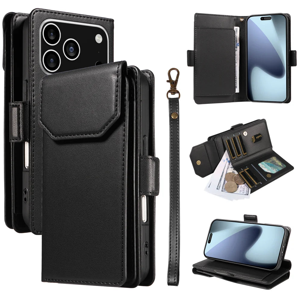 For iPhone 18 Pro / 17 Pro Case with Multi-Card Holder and Strap PU Leather Phone Cover Stand - Black - 1