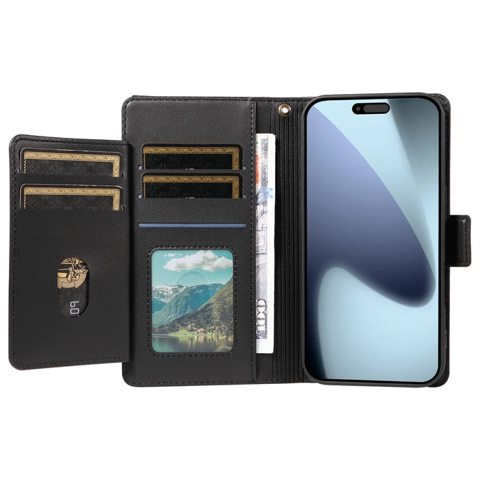 For iPhone 18 Pro / 17 Pro Case with Multi-Card Holder and Strap PU Leather Phone Cover Stand - Black - 2