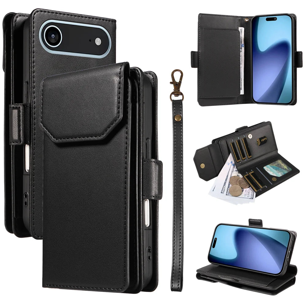 For iPhone Air Case with Multi-Card Holder and Strap PU Leather Phone Cover Stand - Black - 1