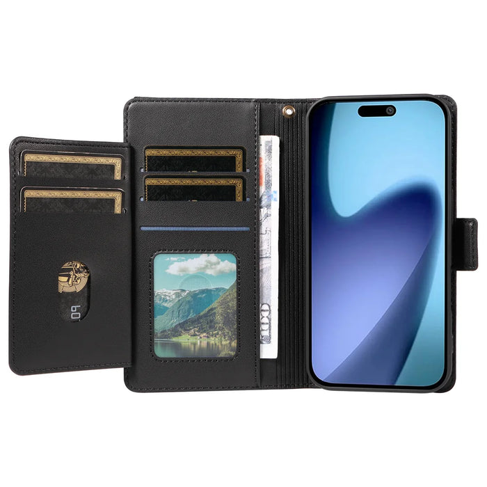 For iPhone Air Case with Multi-Card Holder and Strap PU Leather Phone Cover Stand - Black - 2