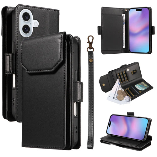 For iPhone 17 Case with Multi-Card Holder and Strap PU Leather Phone Cover Stand - Black - 1