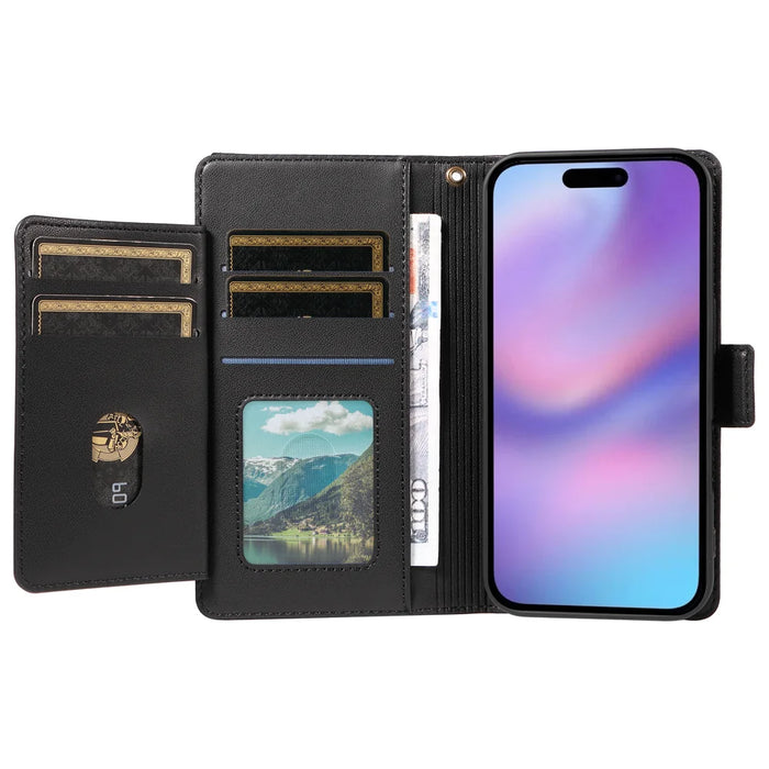 For iPhone 17 Case with Multi-Card Holder and Strap PU Leather Phone Cover Stand - Black - 2