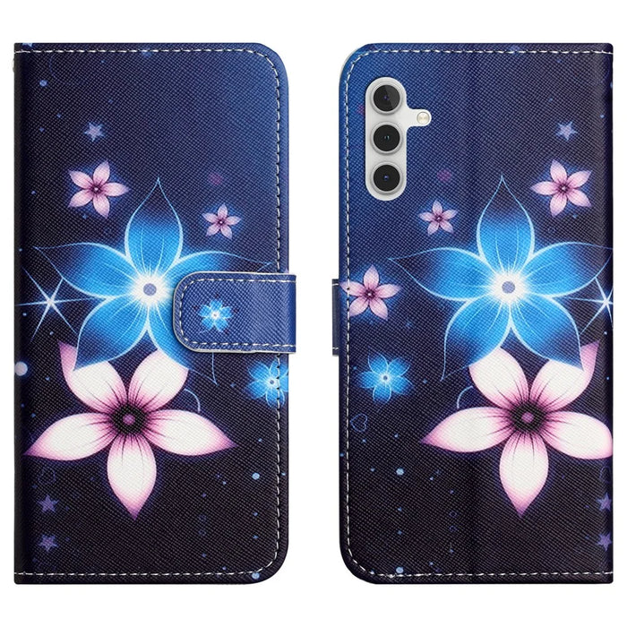 For Samsung Galaxy S25 FE Case Pattern Print PU Leather Wallet Phone Cover Cross Texture - Blue Flower - 1