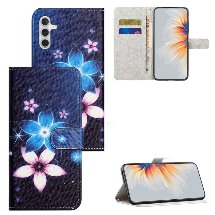 For Samsung Galaxy S25 FE Case Pattern Print PU Leather Wallet Phone Cover Cross Texture - Blue Flower - 4