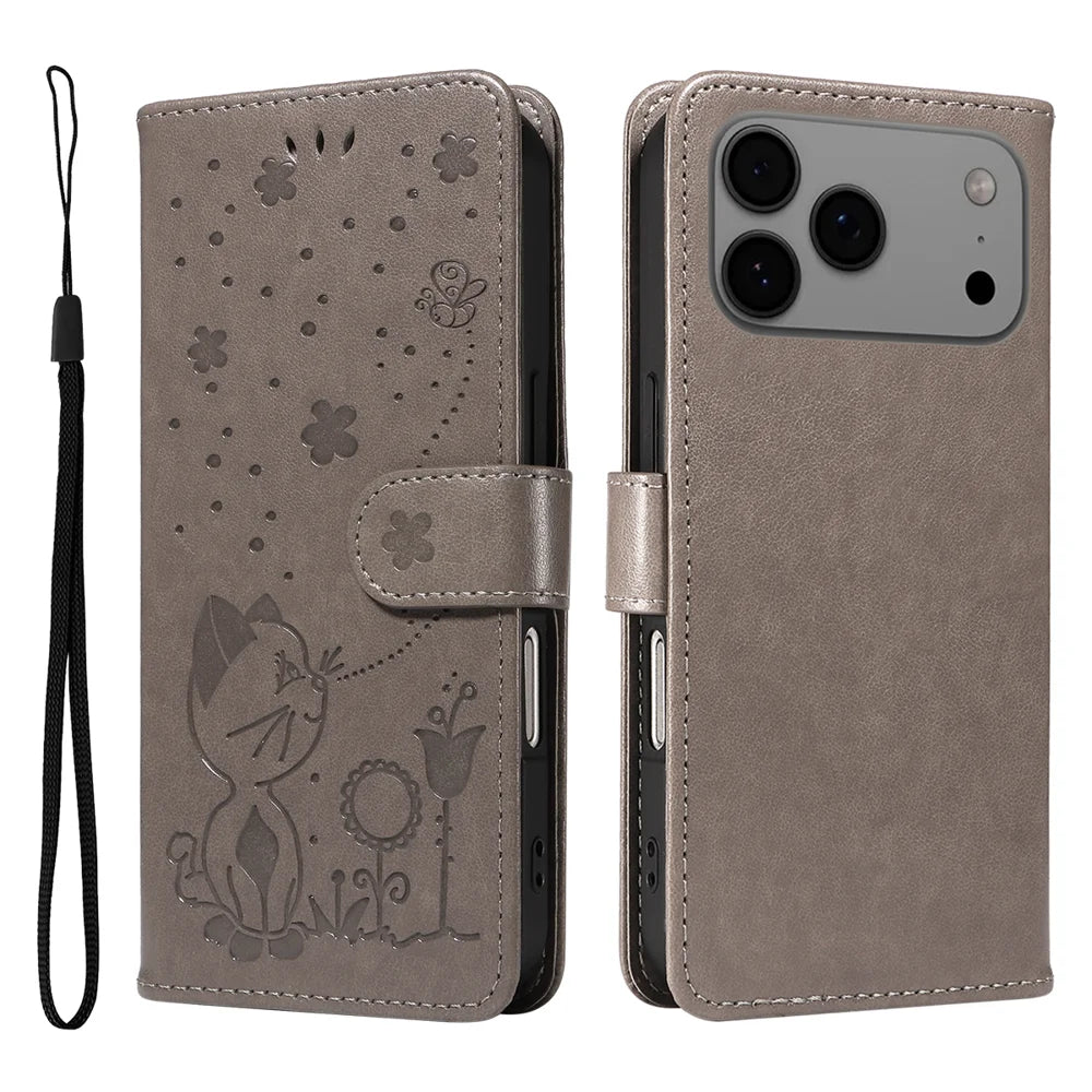 For iPhone 18 Pro Max / 17 Pro Max Leather Wallet Case Cat Bee Pattern Phone Cover Stand - Grey - 1