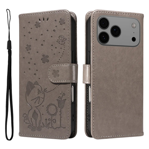 For iPhone 18 Pro Max / 17 Pro Max Leather Wallet Case Cat Bee Pattern Phone Cover Stand - Grey - 1