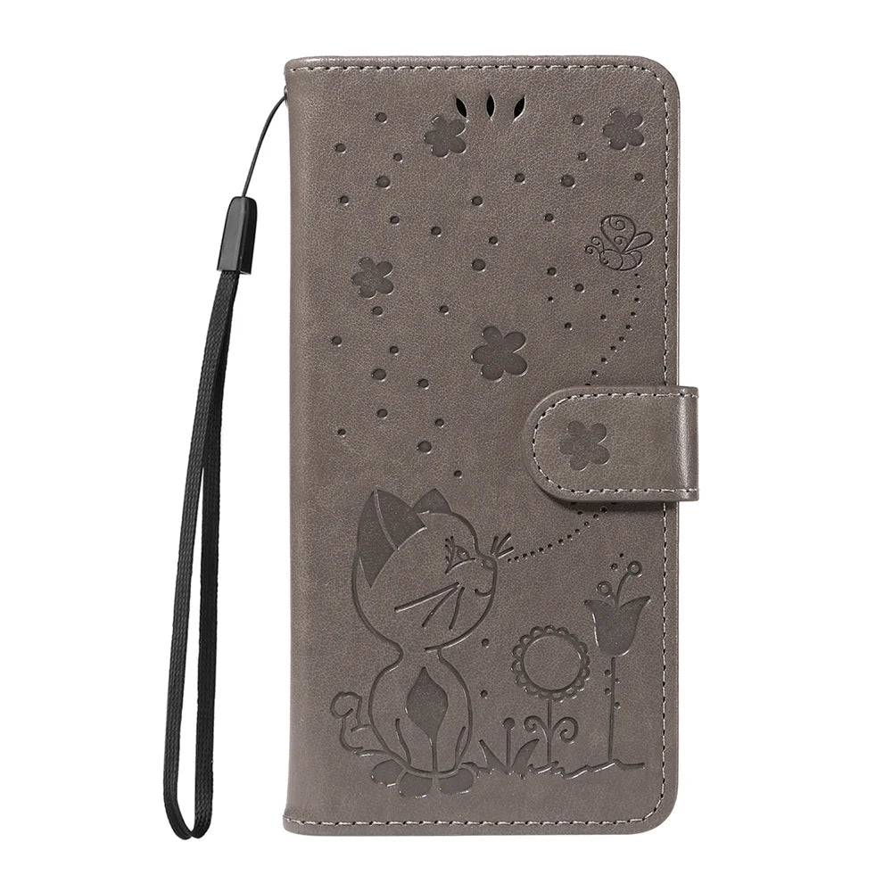 For iPhone 18 Pro Max / 17 Pro Max Leather Wallet Case Cat Bee Pattern Phone Cover Stand - Grey - 6
