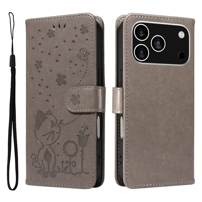 For iPhone 18 Pro / 17 Pro Leather Wallet Case Cat Bee Pattern Phone Cover Stand - Grey - 1