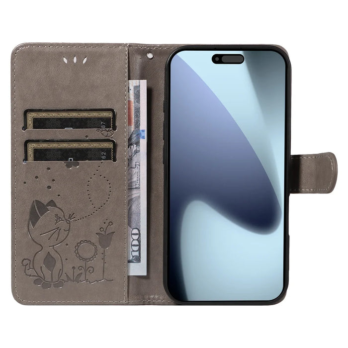 For iPhone 18 Pro / 17 Pro Leather Wallet Case Cat Bee Pattern Phone Cover Stand - Grey - 2