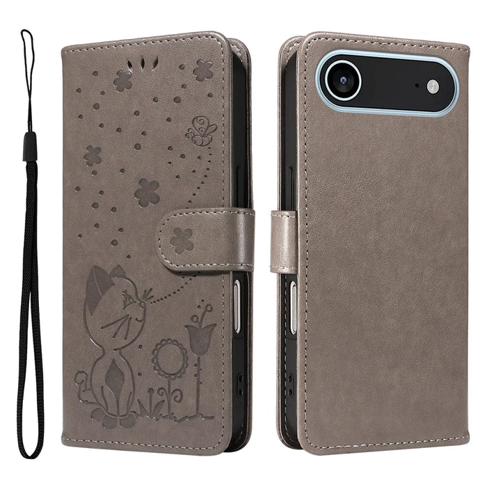 For iPhone Air Leather Wallet Case Cat Bee Pattern Phone Cover Stand - Grey - 1