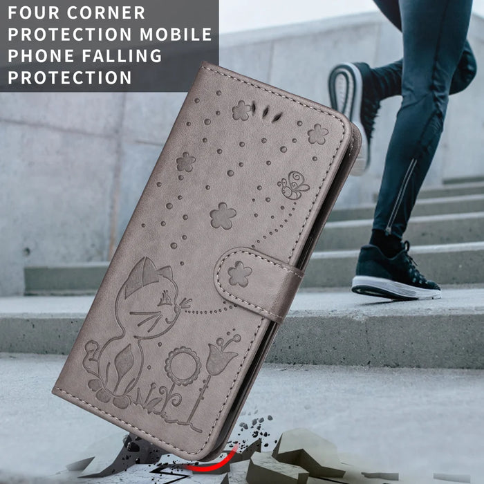 For iPhone Air Leather Wallet Case Cat Bee Pattern Phone Cover Stand - Grey - 5