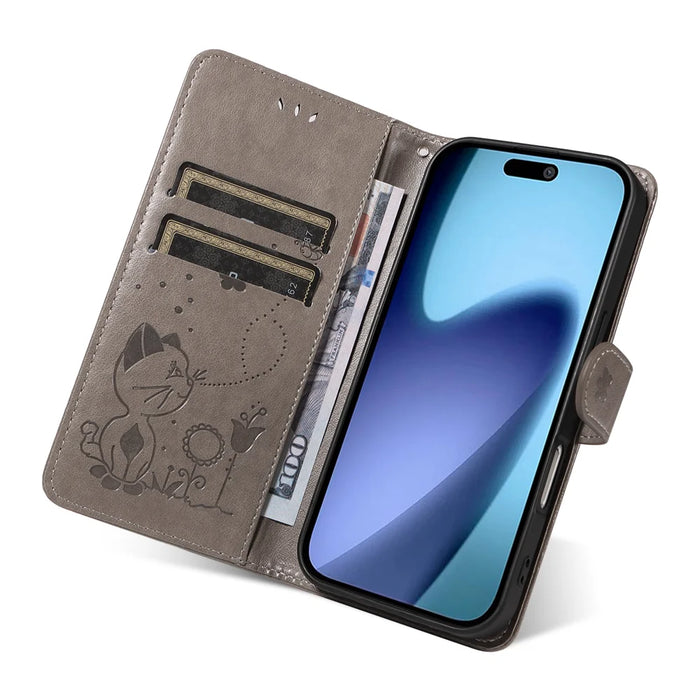 For iPhone Air Leather Wallet Case Cat Bee Pattern Phone Cover Stand - Grey - 6