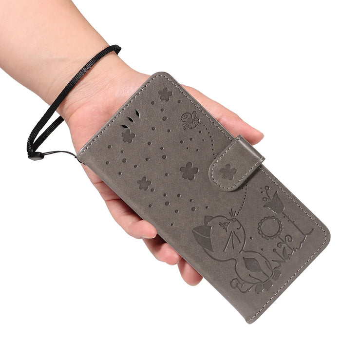 For iPhone Air Leather Wallet Case Cat Bee Pattern Phone Cover Stand - Grey - 7