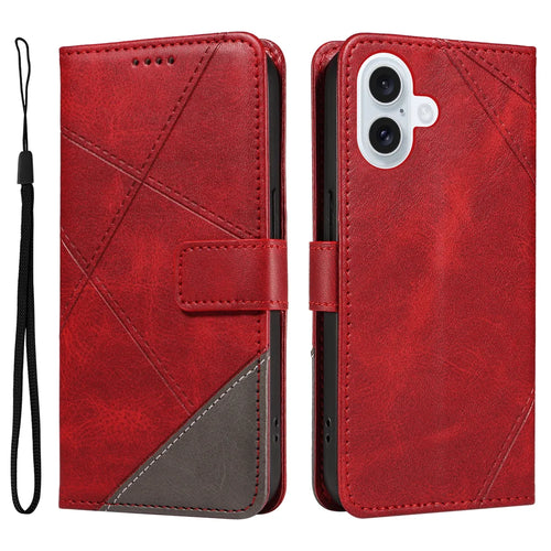 For iPhone 17 Leather Case Geometric Line Design Wallet Phone Cover with Wrist Strap - Red - 1