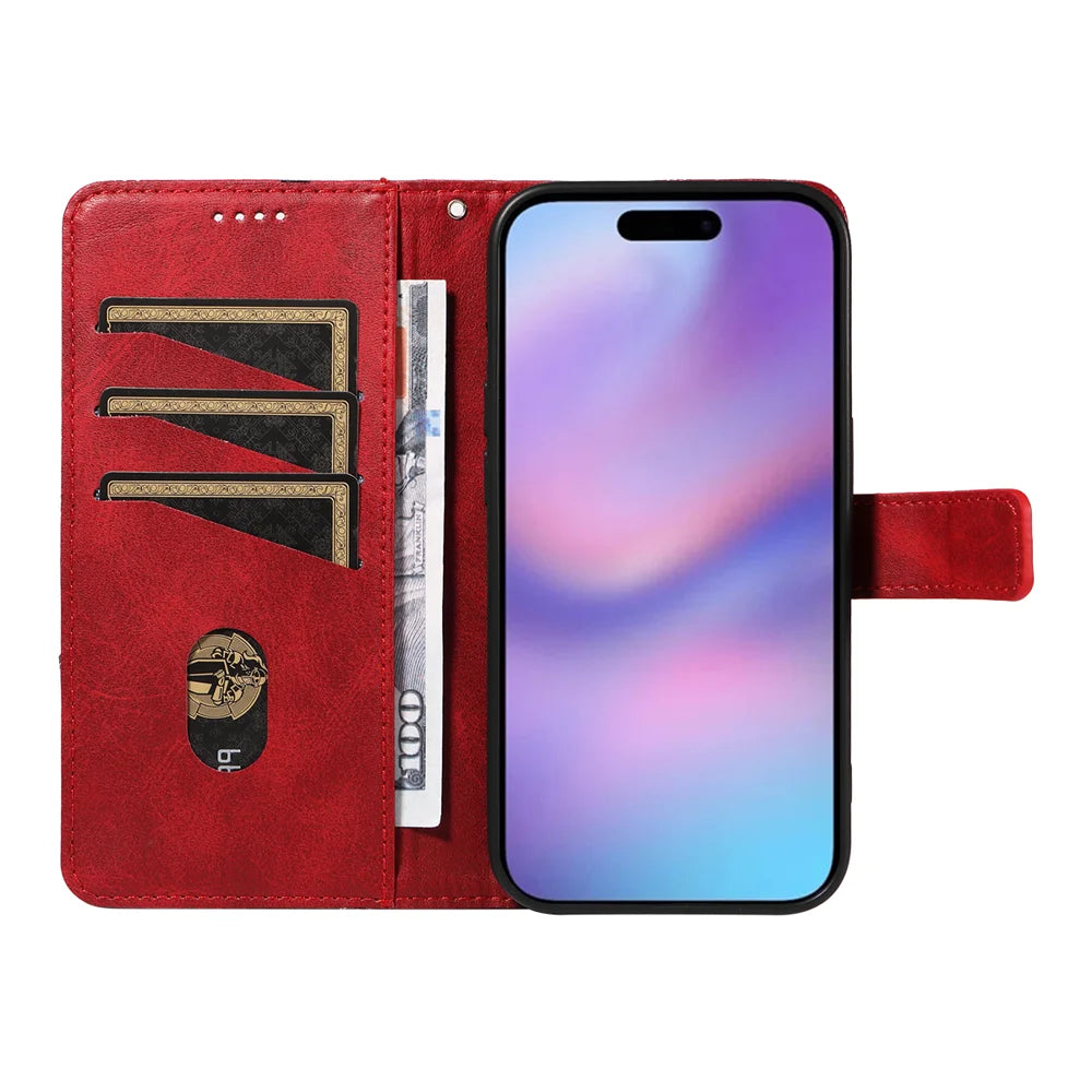 For iPhone 17 Leather Case Geometric Line Design Wallet Phone Cover with Wrist Strap - Red - 2