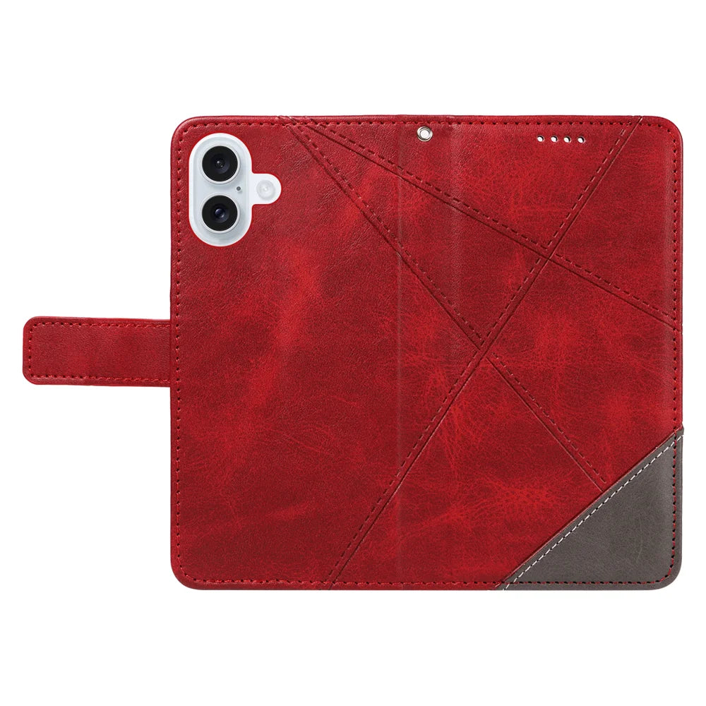 For iPhone 17 Leather Case Geometric Line Design Wallet Phone Cover with Wrist Strap - Red - 3