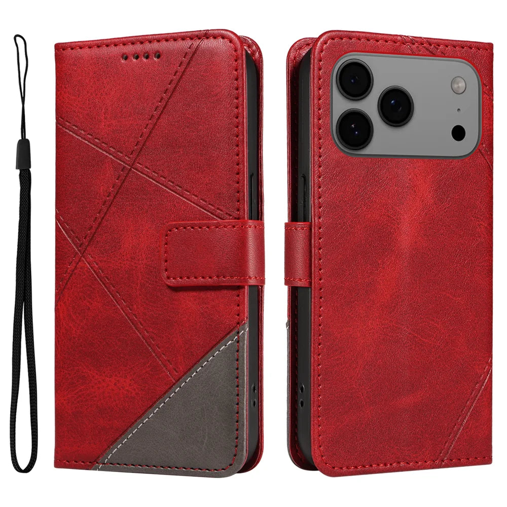 For iPhone 18 Pro Max / 17 Pro Max Leather Case Geometric Line Design Wallet Phone Cover with Wrist Strap - Red - 1