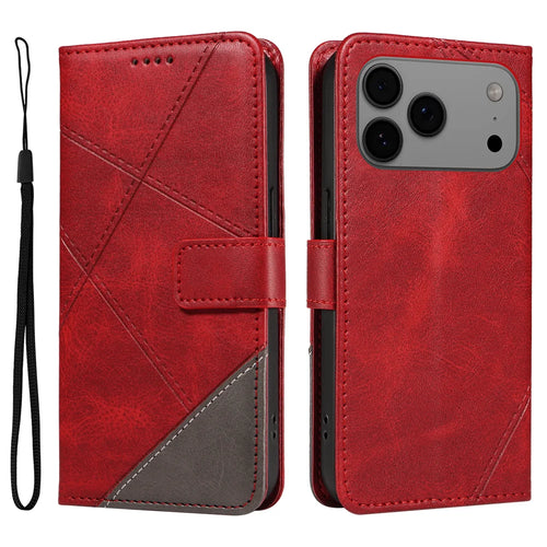 For iPhone 18 Pro Max / 17 Pro Max Leather Case Geometric Line Design Wallet Phone Cover with Wrist Strap - Red - 1