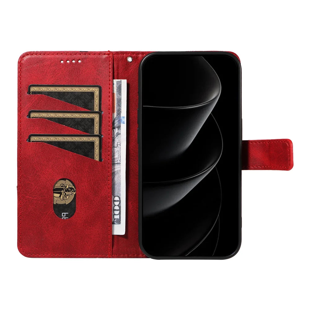 For iPhone 18 Pro Max / 17 Pro Max Leather Case Geometric Line Design Wallet Phone Cover with Wrist Strap - Red - 2