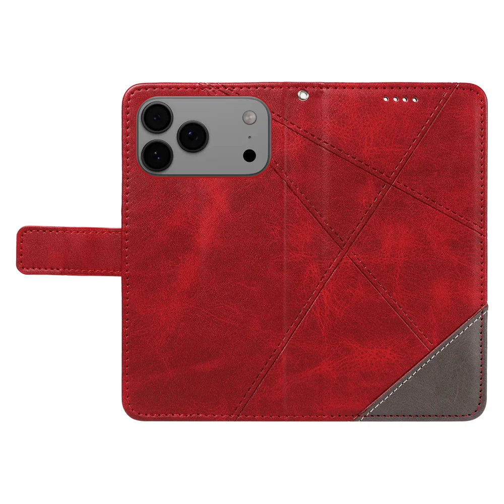 For iPhone 18 Pro Max / 17 Pro Max Leather Case Geometric Line Design Wallet Phone Cover with Wrist Strap - Red - 3