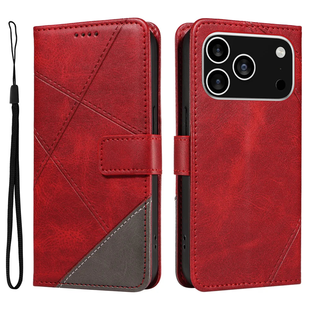 For iPhone 18 Pro / 17 Pro Leather Case Geometric Line Design Wallet Phone Cover with Wrist Strap - Red - 1