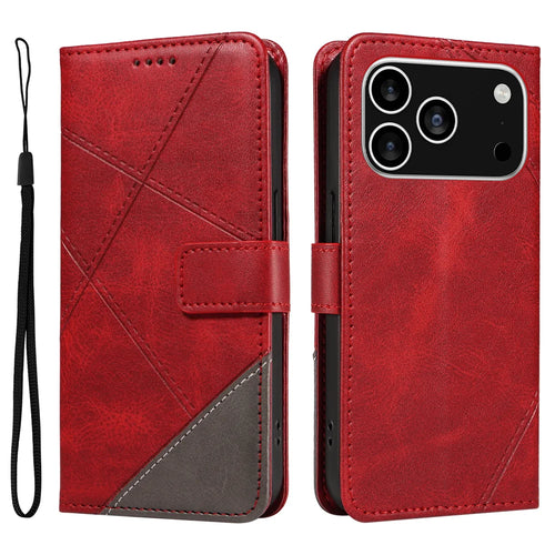 For iPhone 18 Pro / 17 Pro Leather Case Geometric Line Design Wallet Phone Cover with Wrist Strap - Red - 1