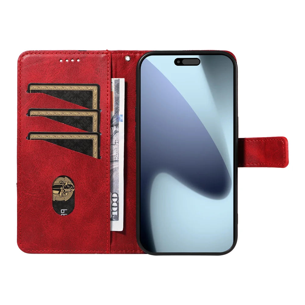 For iPhone 18 Pro / 17 Pro Leather Case Geometric Line Design Wallet Phone Cover with Wrist Strap - Red - 2