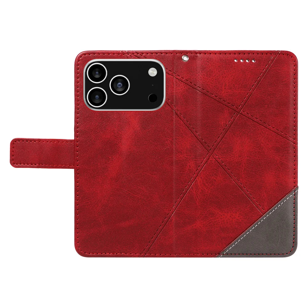 For iPhone 18 Pro / 17 Pro Leather Case Geometric Line Design Wallet Phone Cover with Wrist Strap - Red - 3