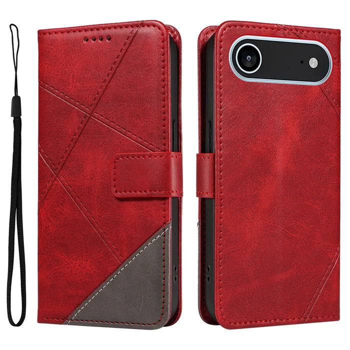 For iPhone Air Leather Case Geometric Line Design Wallet Phone Cover with Wrist Strap - Red - 1