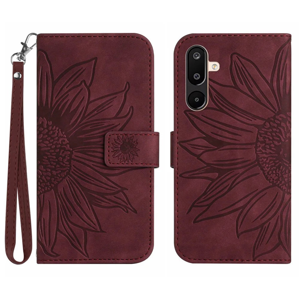 For Samsung Galaxy M36 5G Case Sunflower Imprint Leather Wallet Phone Cover with Wrist Strap - Wine Red - 1