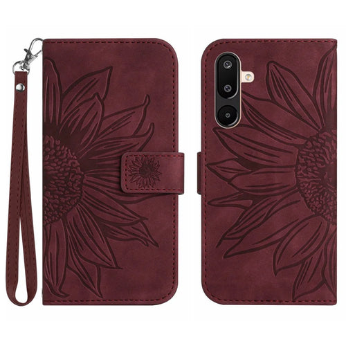 For Samsung Galaxy M36 5G Case Sunflower Imprint Leather Wallet Phone Cover with Wrist Strap - Wine Red - 1