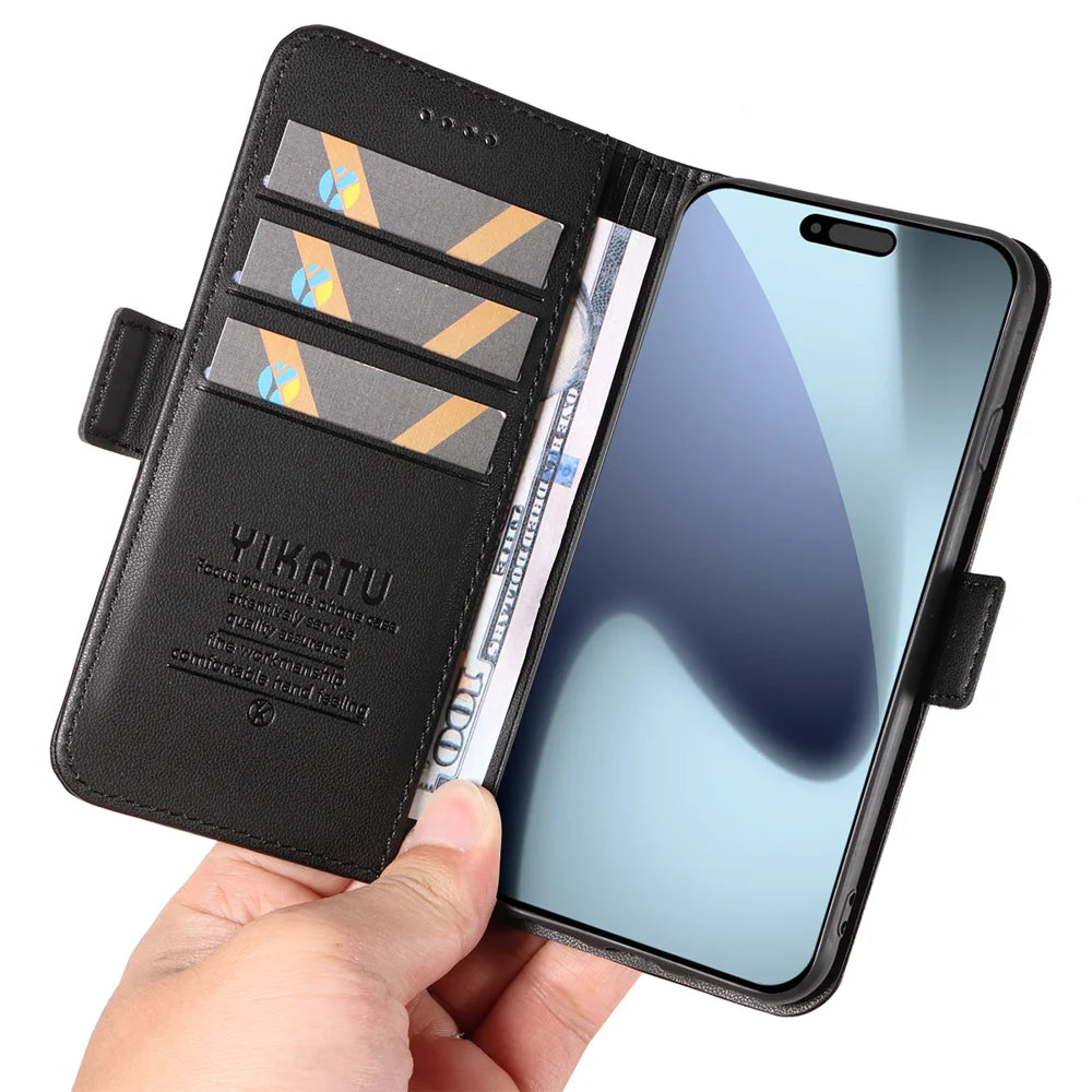 YIKATU For iPhone 18 Pro / 17 Pro Wallet Phone Case  YK-003 Leather Stand Cover -  Black - 7