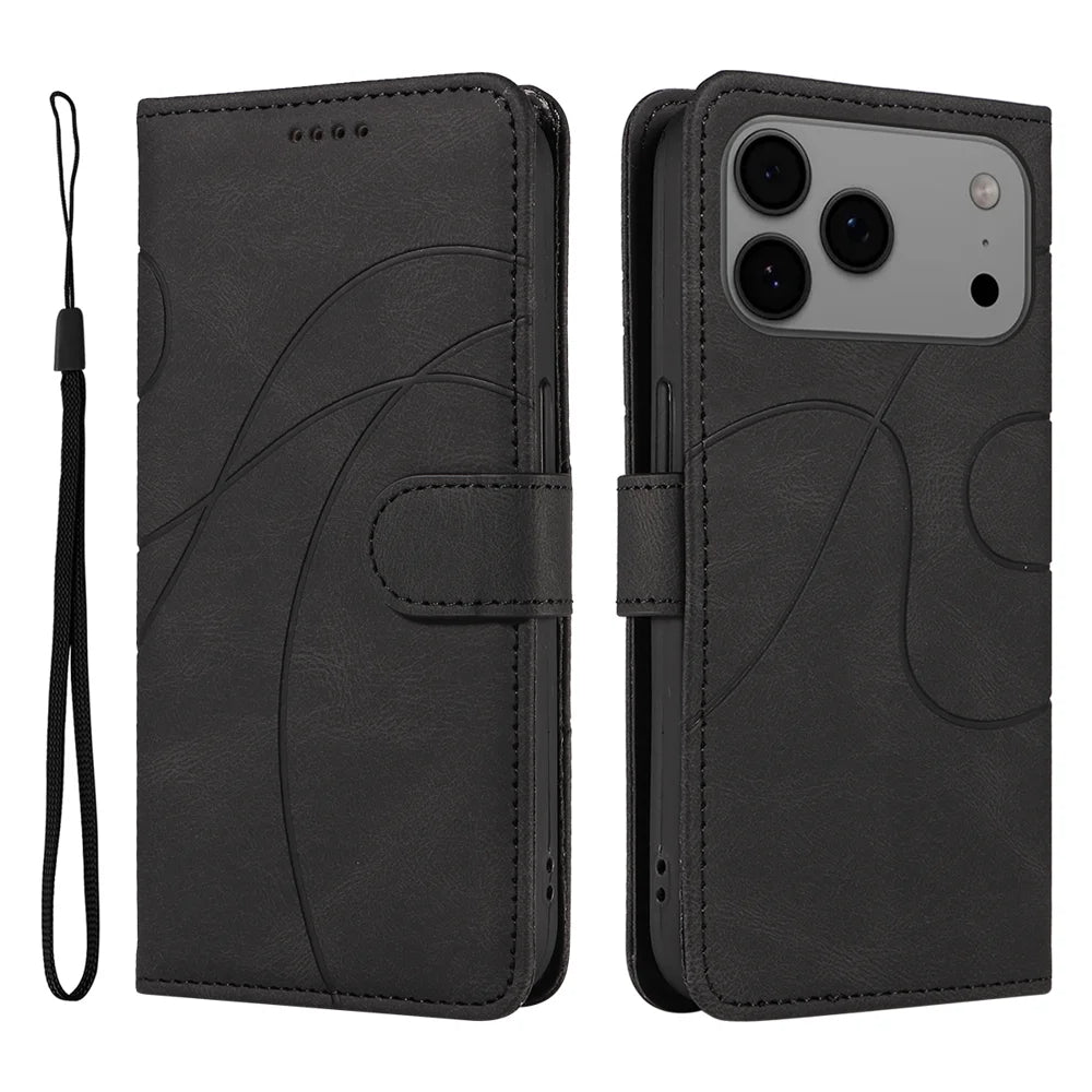 For iPhone 18 Pro Max / 17 Pro Max Wallet Case Leather Phone Cover Stand with Curved Line Design -  Black - 1
