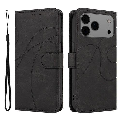 For iPhone 18 Pro Max / 17 Pro Max Wallet Case Leather Phone Cover Stand with Curved Line Design -  Black - 1
